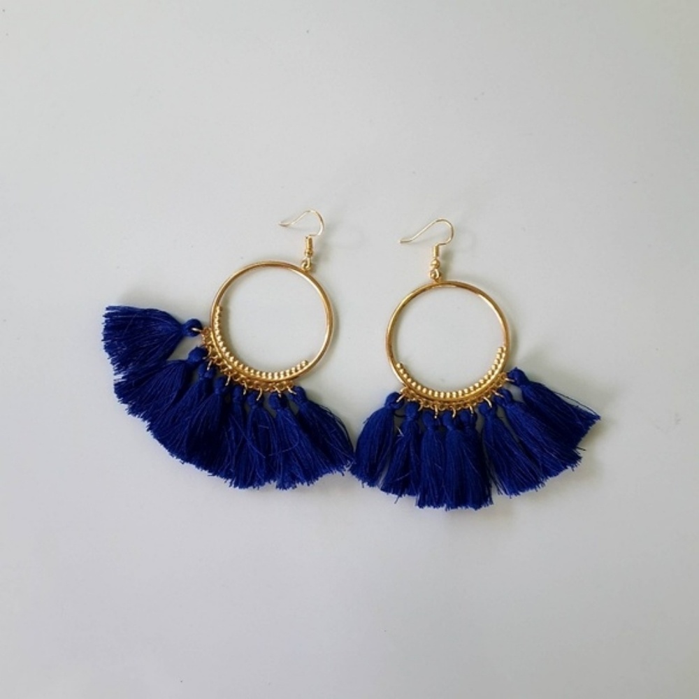 LAST PAIR! Navy fan tassle hoop earrings - Picture 2 of 2